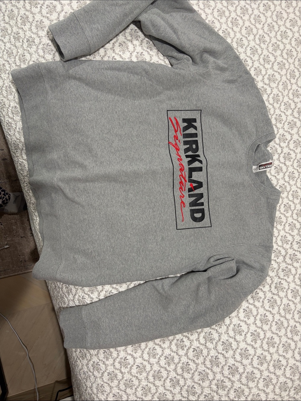 Kirkland Signature Gray Crewneck Sweatshirt with Red Script Logo